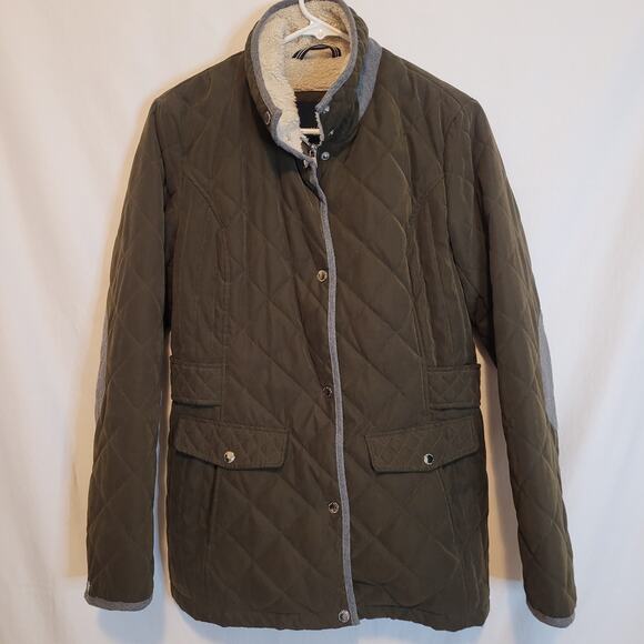 Nautica Olive Green Quilted Jacket Small Elbow Patches Button Zip Sherpa Lined - Picture 1 of 11